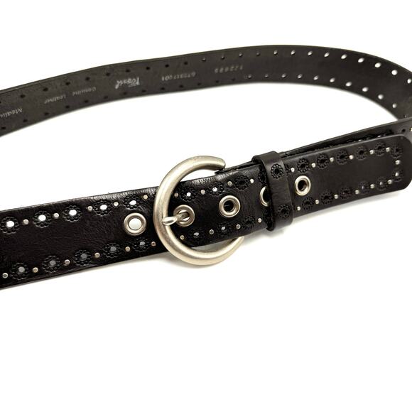 Fossil Black Leather Boho Hippie Belt M 33-37 Tooled Flowers Studded Y2K Western